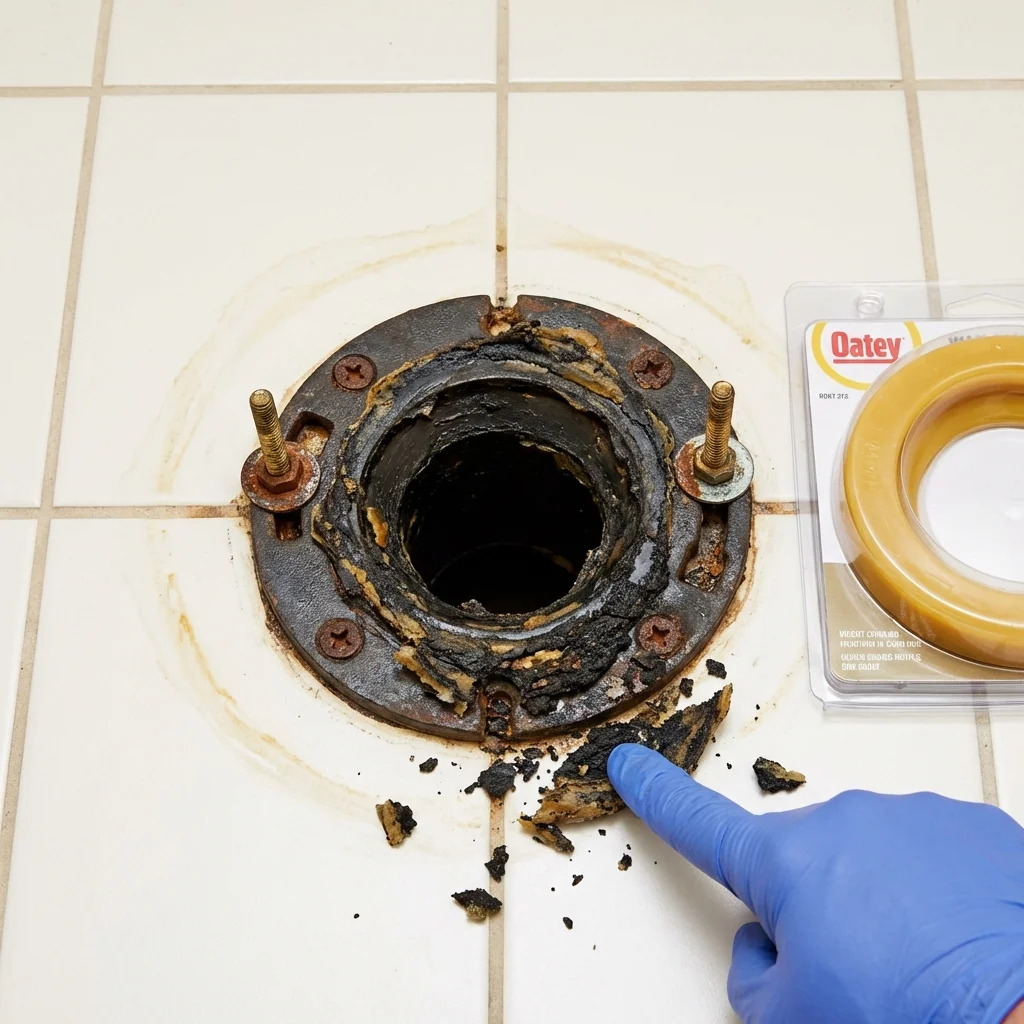 Failed wax ring showing water seepage at the base of a toilet in a Dublin, NH home