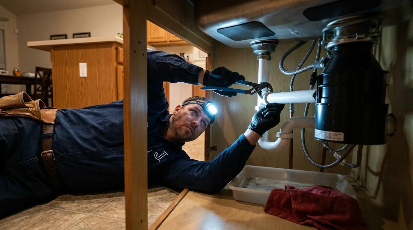 P-trap and supply line connections under a kitchen sink showing a common leak point in Dublin, NH